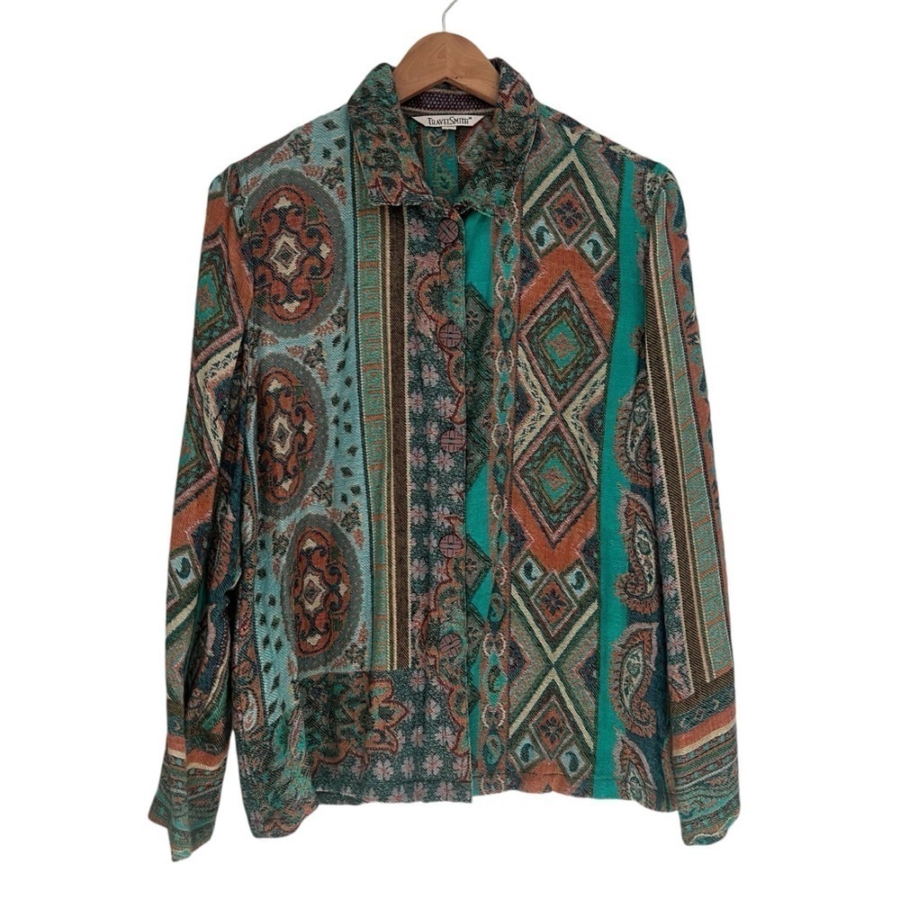TravelSmith Sz M Art-to-Wear Woven Teal Blue Paisley Funky Colorful Button Down